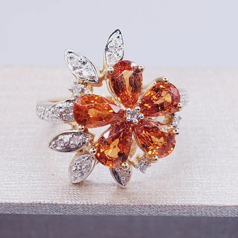 10k Solid Yellow Gold Genuine Spessartite Mandarin Garnet & Diamond Flower Ring